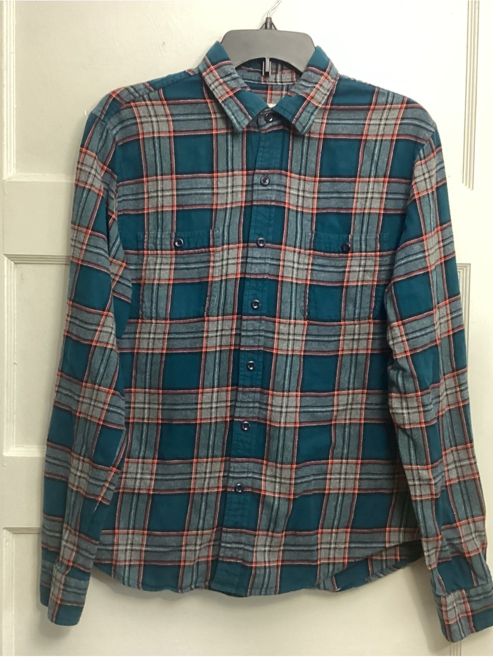 True Craft Teal, Blue, Gray Red Plaid Long-Sleeve Button-Down 100% Cotton Shirt